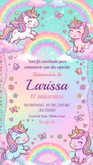 Convite de Aniversário Unicórnio Fofo Colorido para Editar