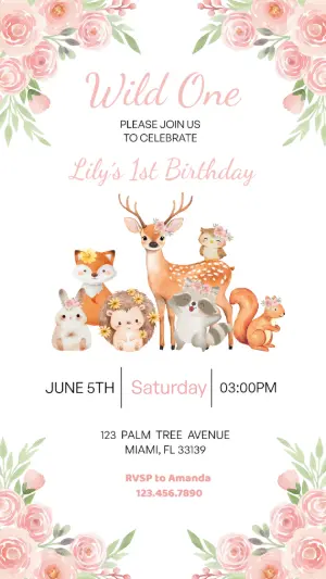 Wild One Woodland Animals 1st Birthday Invitation Editable Template