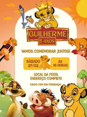 Convite de Aniversário O Rei Leão com Personagens para Editar