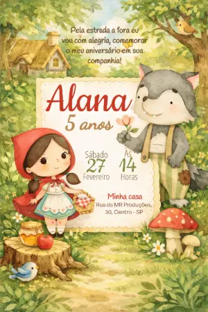 Convite de Aniversário Chapeuzinho Vermelho Aquarela Editável