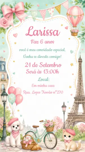 Convite de Aniversário Tema Paris Editável para Menina