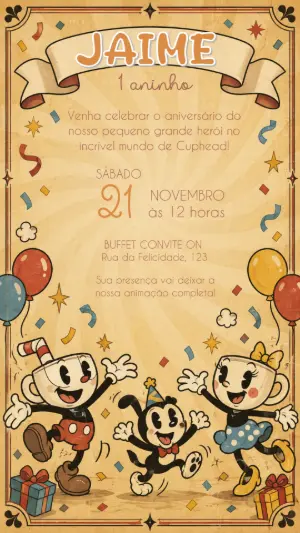 Convite de Aniversário Cuphead Vintage Editável