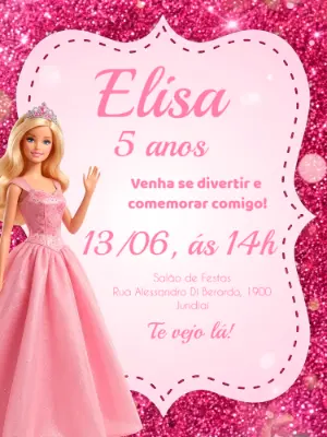 Convite Digital Barbie Rosa com Glitter Editável