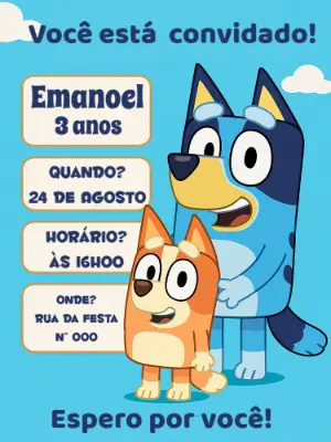Convite Aniversário Bluey e Bingo para Editar Online