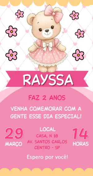 Convite de Aniversário Ursinha Rosa Delicada para Editar