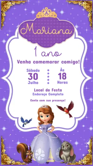 Convite Animado Aniversário Princesa Sofia para Editar Online