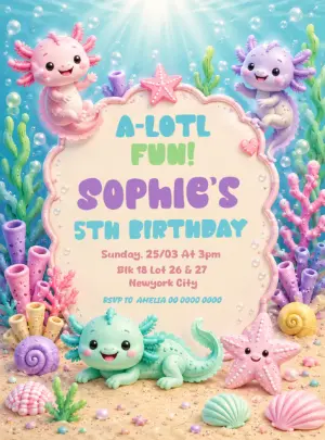 Cute Axolotl Birthday Invitation | Editable Template