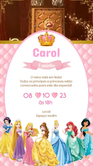 Convite Animado Aniversário Princesas Disney para Editar Online