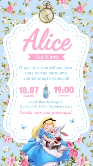 Convite Digital Infantil Alice no País das Maravilhas para Editar