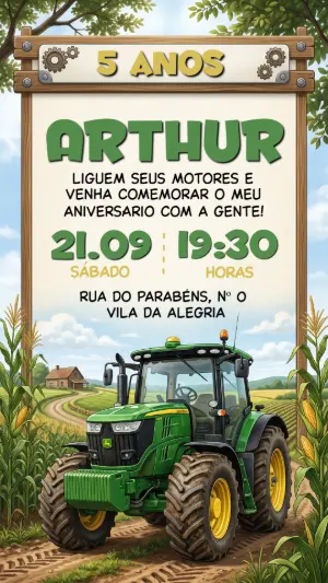 Convite de Aniversário Infantil Trator Verde Editável