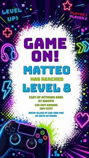 Neon Video Game Birthday Invitation - Editable Template