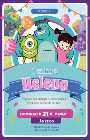 Convite de Aniversário Monstros S.A. Colorido para Editar