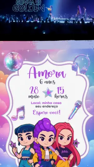 Convite Animado Aniversário Guerreiras do K-pop para Editar
