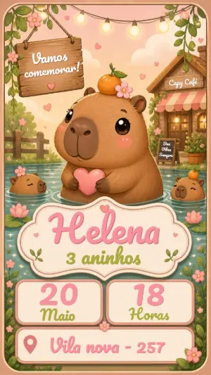Convite de Aniversário Capivara Fofa para Editar e Enviar