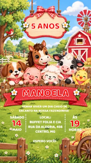 Convite de Aniversário Fazendinha Menina Editável