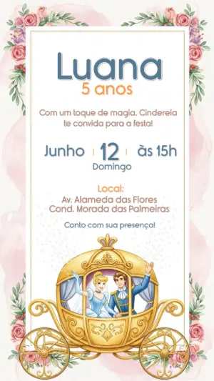 Convite de Aniversário Princesa Cinderela Editável Online