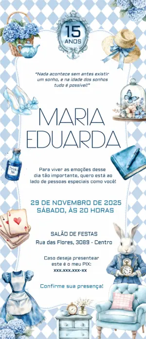 Convite 15 Anos Alice no País das Maravilhas para Editar Online