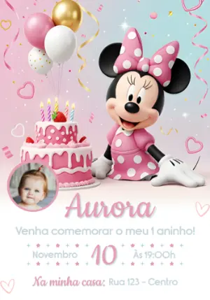 Convite Aniversário Minnie Rosa com Foto para Editar Online