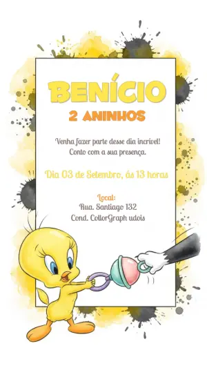 Convite Aniversário Baby Piu Piu para Editar Online