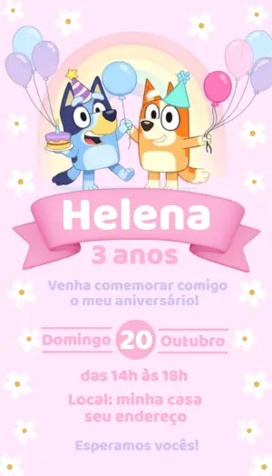 Convite de Aniversário Bluey Rosa e Lilás Modelo Editável