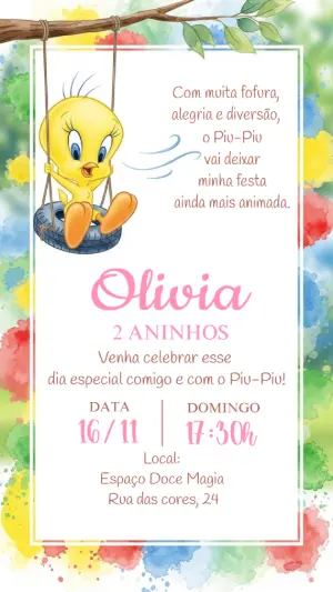 Convite de Aniversário Piu-Piu para Editar Online
