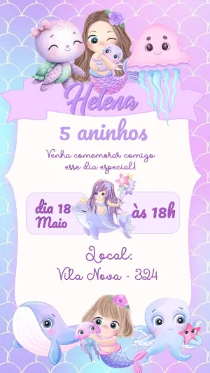 Convite Digital Aniversário Sereia Fofa e Amigos do Mar Editável