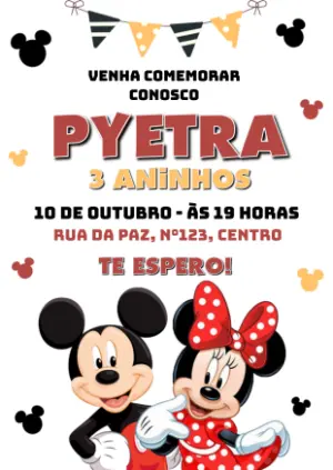 Convite Aniversário Mickey e Minnie para Editar Online