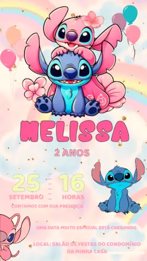 Convite de Aniversário Stitch e Angel para Editar Online