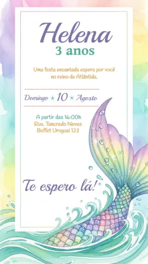 Convite Aniversário Sereia Aquarela para Editar Online