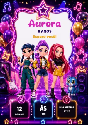 Convite de Aniversário Guerreiras do Kpop para Editar