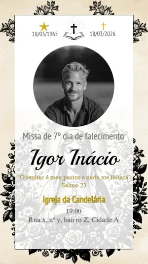 Comunicado de Missa de 7º Dia Floral Elegante Modelo Editável