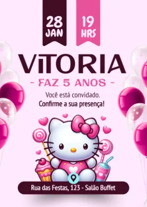 Convite de Aniversário Hello Kitty Rosa para Editar Online