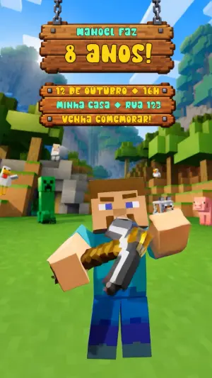 Convite Animado Falante Minecraft para Aniversário Editável
