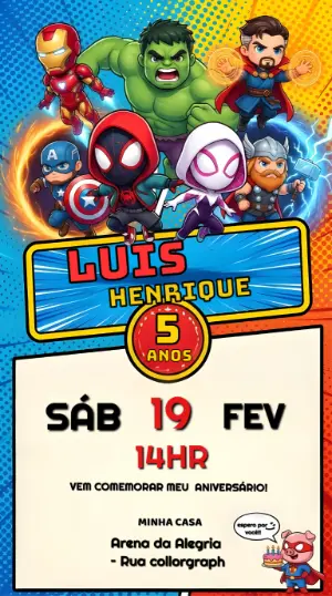 Convite de Aniversário Super-Heróis Infantil para Editar Online