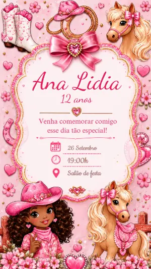 Convite de Aniversário Boiadeirinha Country para Editar