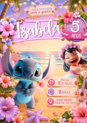 Convite Animado Lilo e Stitch na Praia 3D para Editar