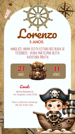 Convite de Aniversário Pirata Infantil para Editar Online