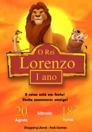 Convite de Aniversário Rei Leão com Simba e Amigos para Editar