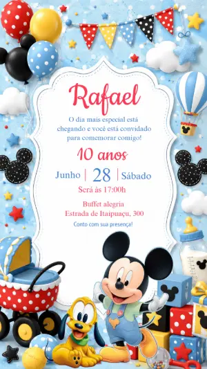 Convite Editável Aniversário Infantil Mickey Baby Azul