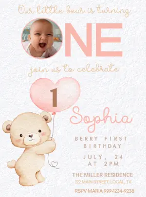 Editable Bear First Birthday Invitation with Photo Template