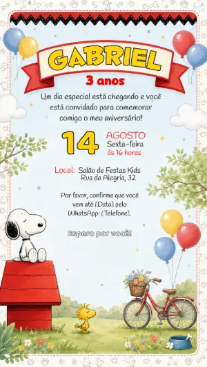 Convite de Aniversário Snoopy e Turma Modelo Editável