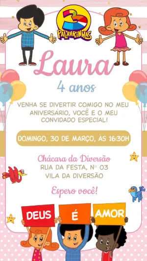 Convite de Aniversário 3 Palavrinhas Menina para Editar