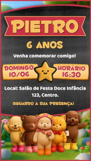 Convite Aniversário Bobbie Goods com Animais para Editar