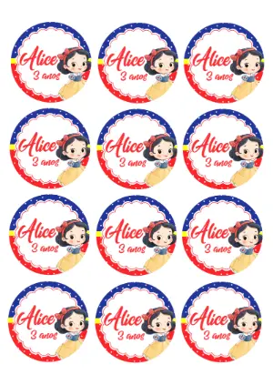 Adesivo Redondo Branca de Neve para Editar Online