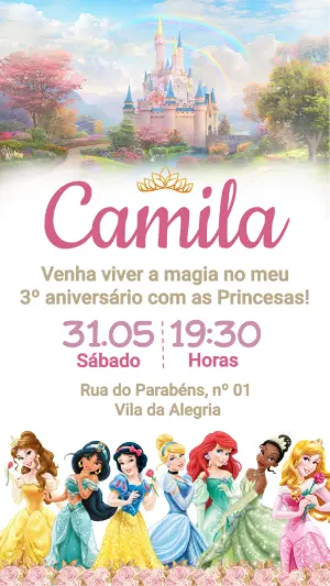 Convite Animado Princesas Disney para Aniversário Editável