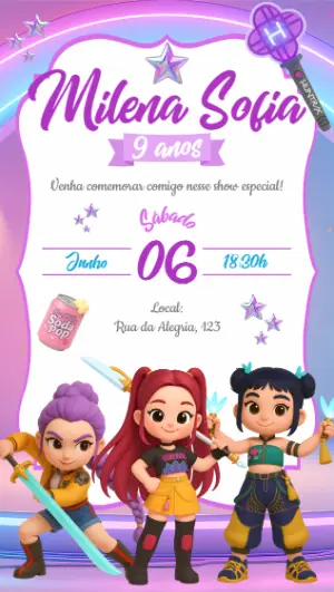 Convite de Aniversário K-pop Guerreiras Modelo Editável
