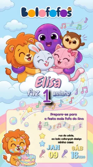 Convite de Aniversário Bolofofos Fofo e Colorido para Editar