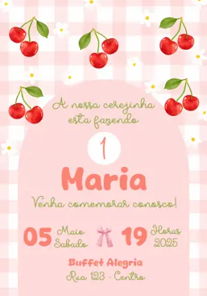 Convite Aniversário Cerejinha para Editar Online