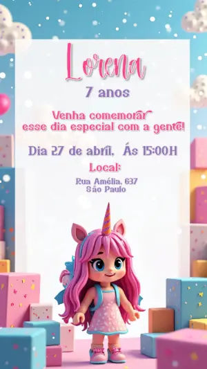 Convite Aniversário Boneca Unicórnio para Editar Online