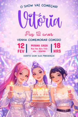 Convite de Aniversário Guerreiras do Kpop e Rosa Editável